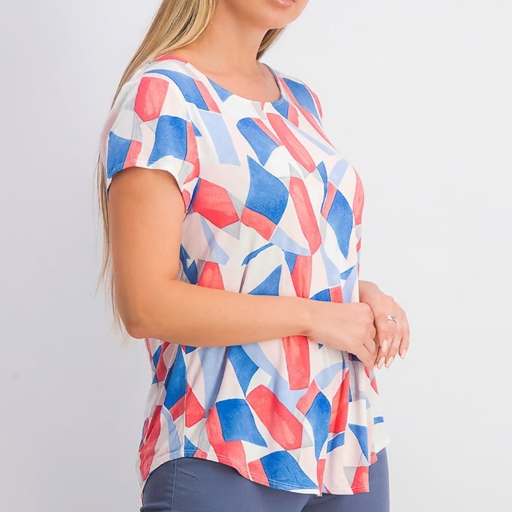 Abstract Patterned Short Sleeve Tee Casual Crewneck Lightweight Top 1X Plus